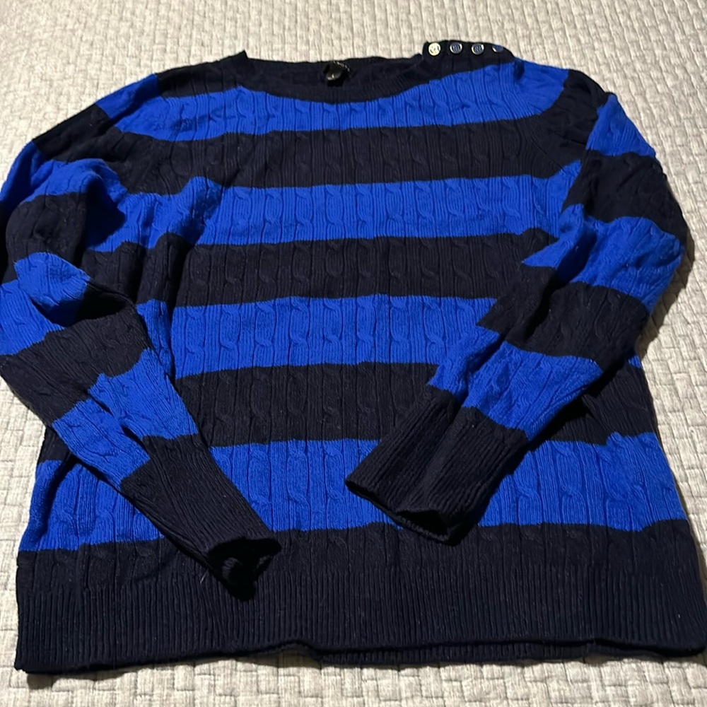 Talbots stripe sweater, dark blue and lighter blue, 4 buttons at the neck